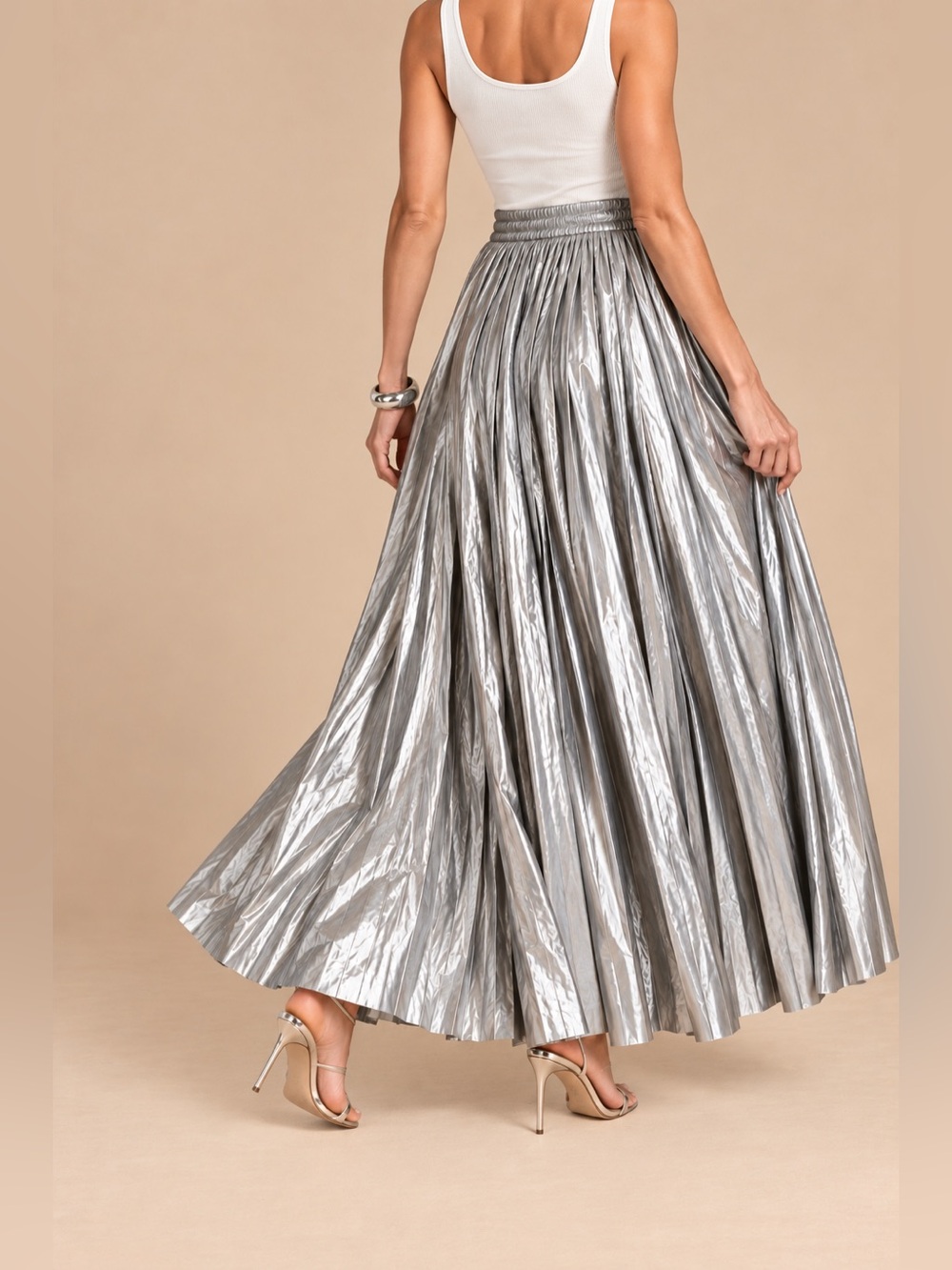 Wishlist Metallic Silver Pleated Evening Statement Pull On Flowy Maxi Skirt Glam - Picture 3 of 9